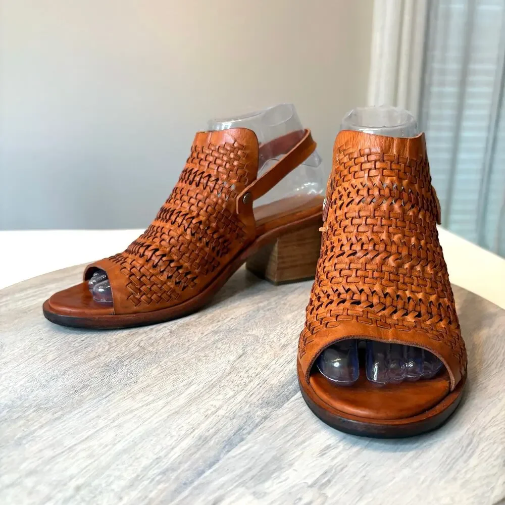 Rag & Bone Wyatt Willow Woven Leather Peep Toe Slingback Heels Brown Size 8 Boho - Picture 5 of 15